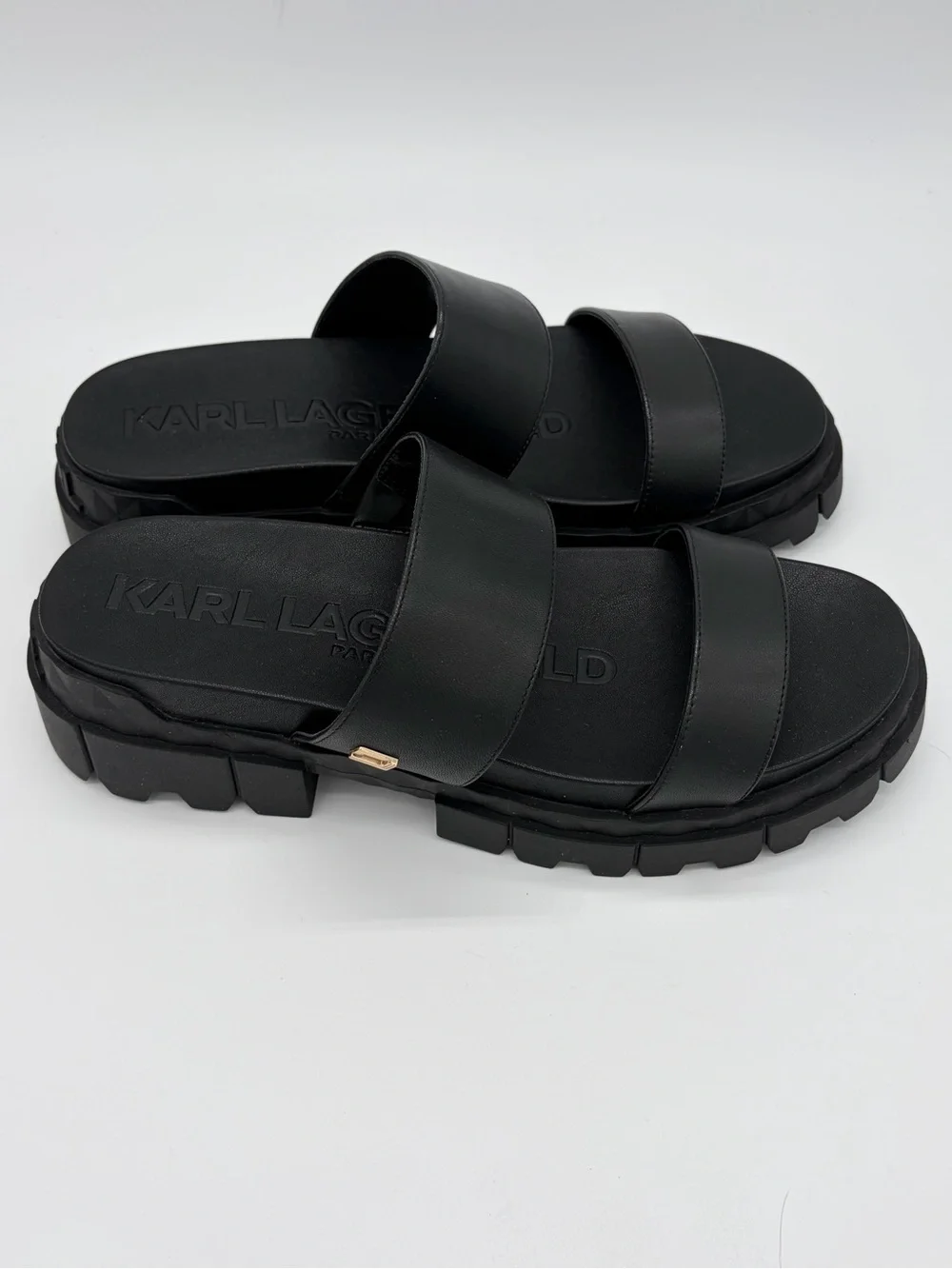 Karl Lagerfeld Black Double-Strap Lug Sole Slide Sandals